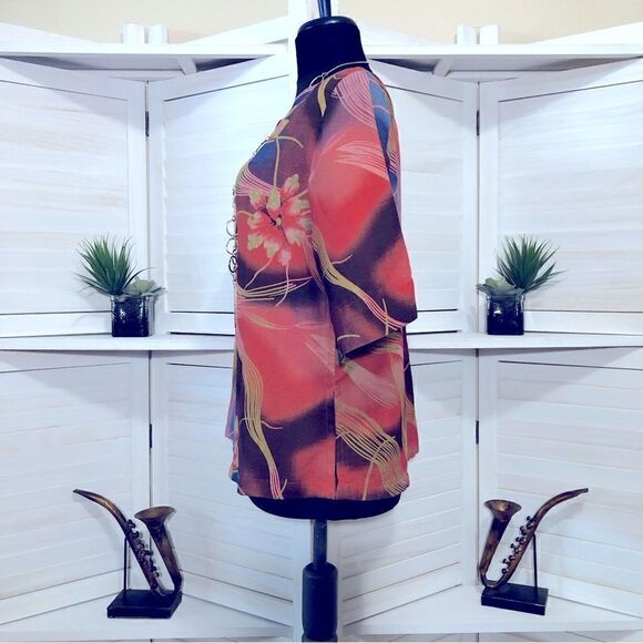 Vintage Floral Print Blouse Blue Red Tan Size Large - Picture 7 of 7